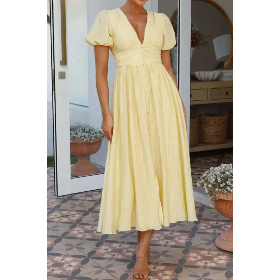 V-Neck Puff Short Sleeve Midi Dress