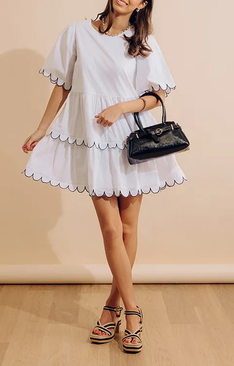 Button-Front Crew Neck Short Sleeve Tiered Mini Dress