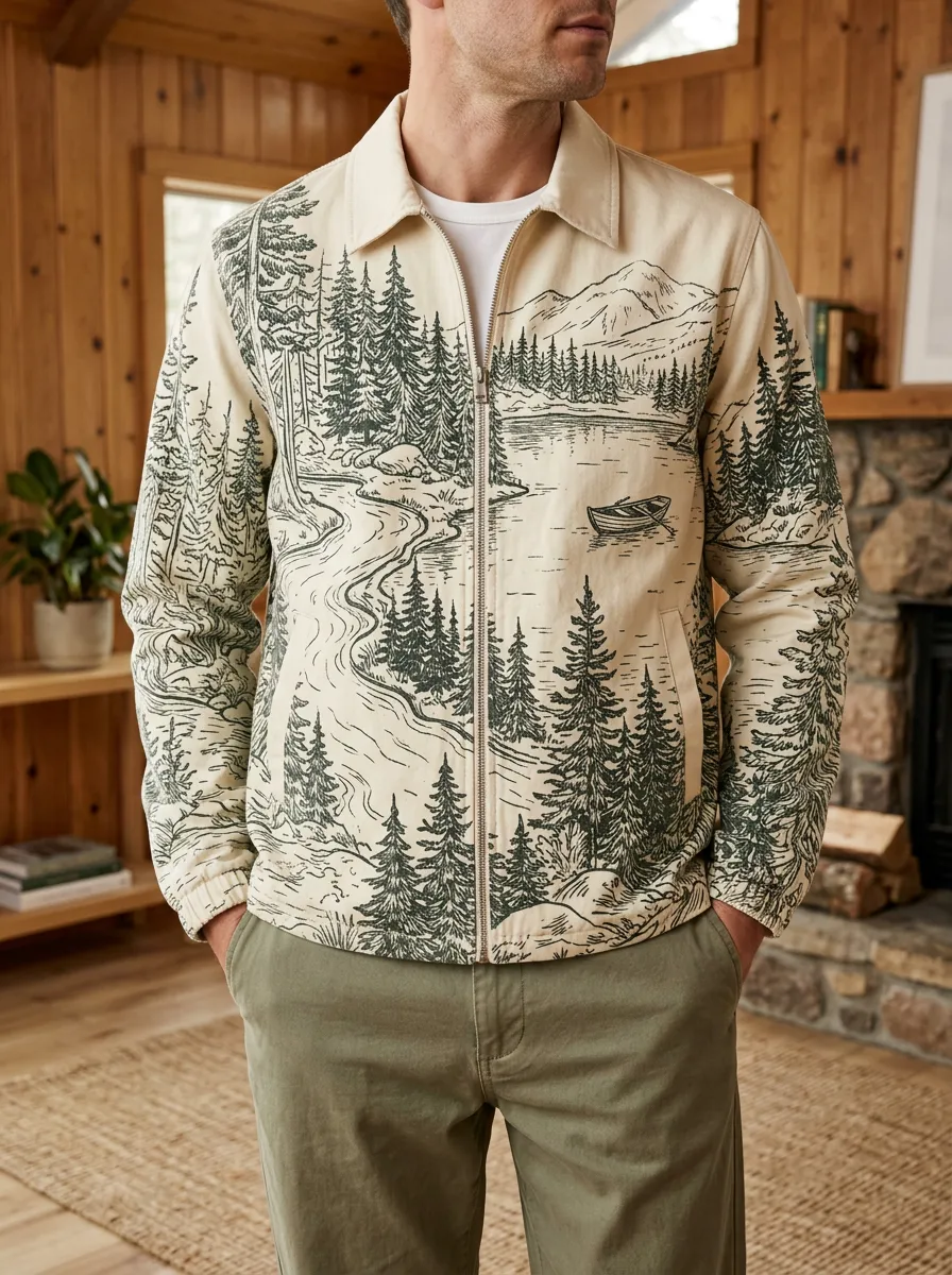 Men's Nature Lover Forest Lake Boat Printed Jacket