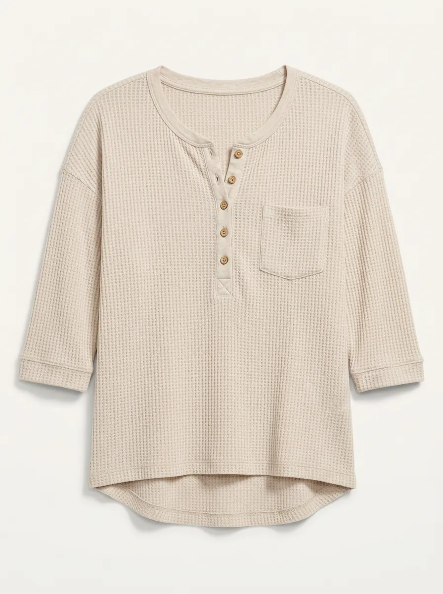 Women's Beige Waffle Knit Button-Down Henley Pocket Top