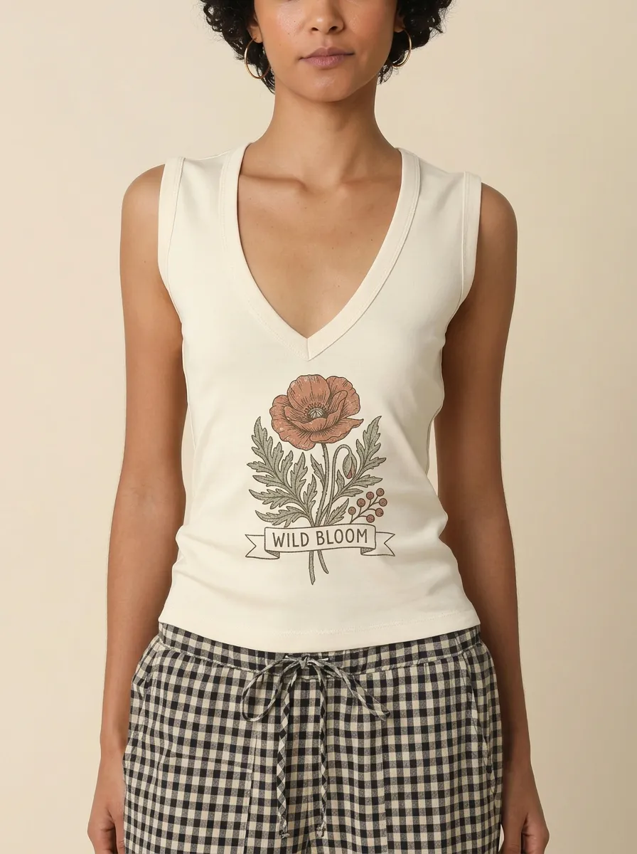 Women's Botanical Nature Lover Wild Bloom Poppy Printed Tank Top