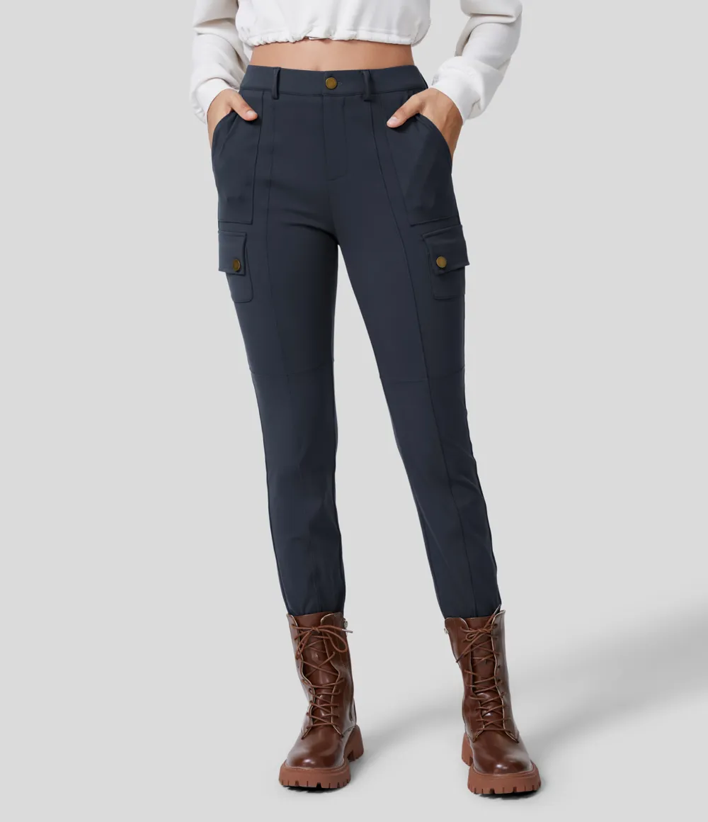 High Waisted Button Zipper Multiple Pockets Solid Skinny Cargo Pants
