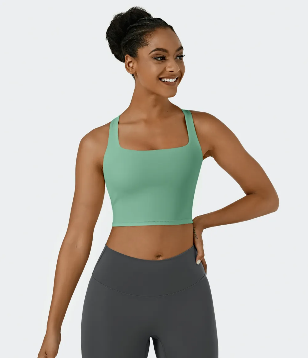 Softlyzero Airy Square Neck Backless Crisscross Cropped Cool Touch Yoga Tank Top-UPF50+