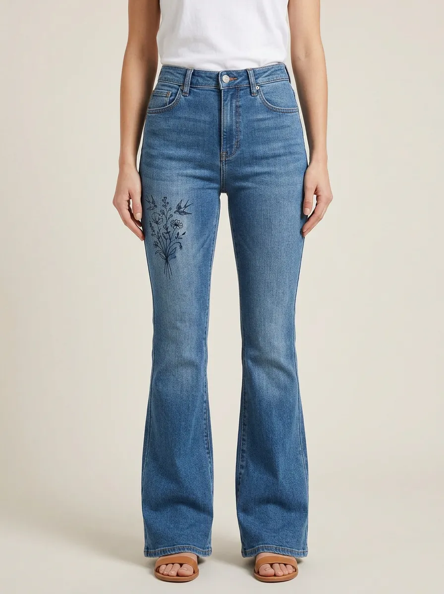 Women's Floral Bird Embroidered High-Rise Flare Jeans
