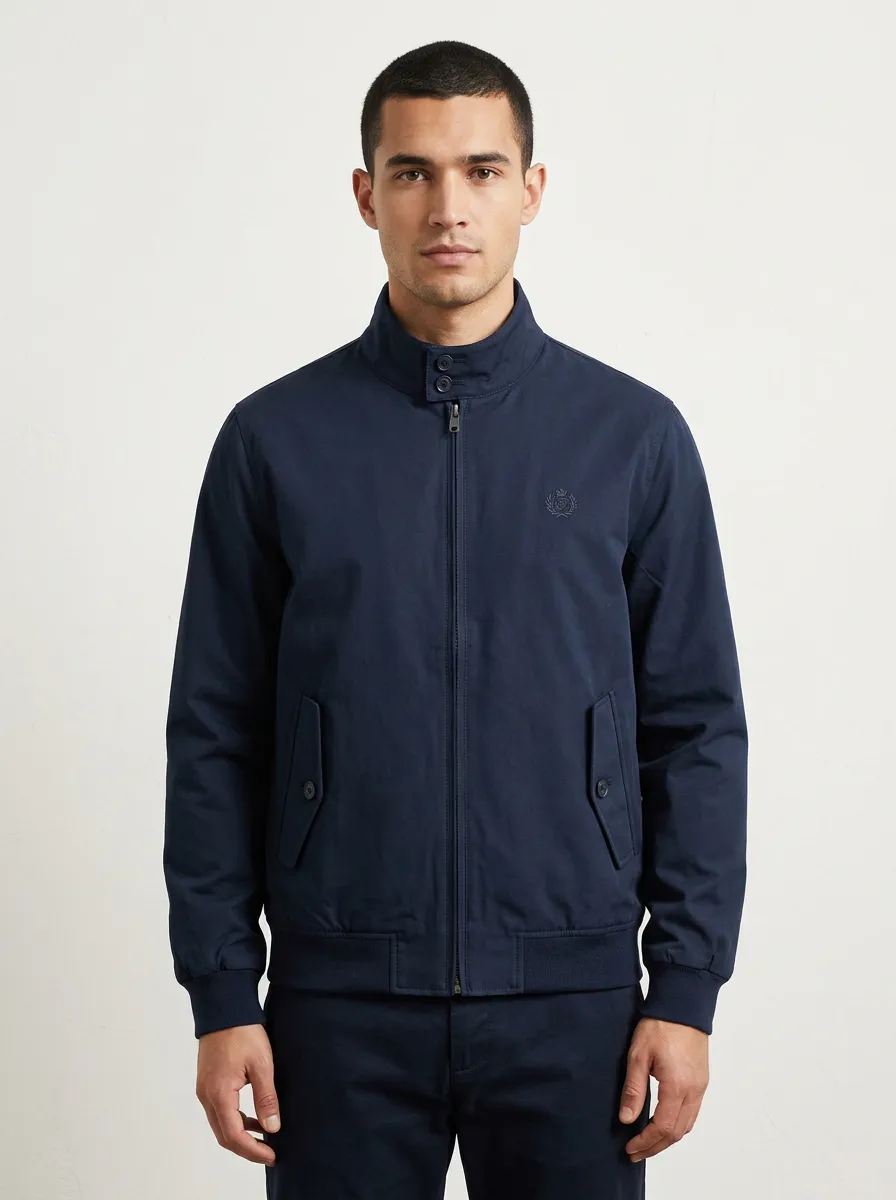 Men's Navy Casual Emblem Embroidered Zip-up Jacket