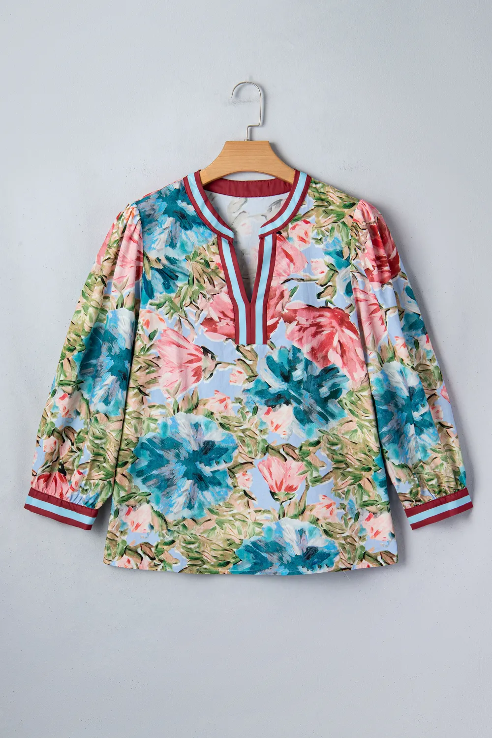 Sky Blue Contrast Trim V Neck Blouse