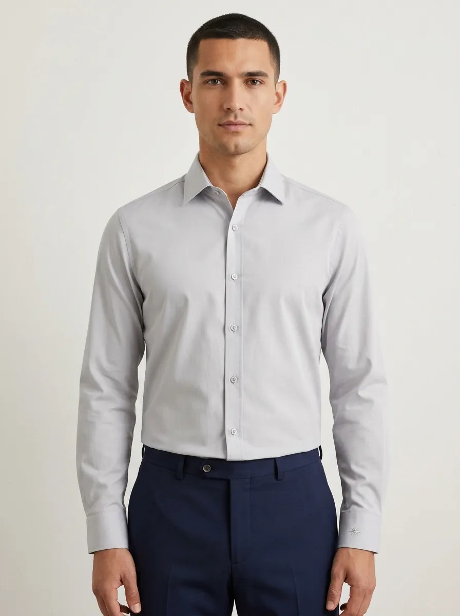 Men's Business Casual Non-Iron Cotton Solid Grey Long Sleeve Shirt