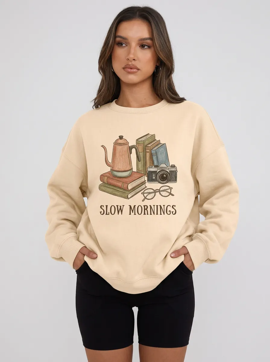 Women's Slow Mornings Book Camera Coffee Printed Sweatshirt