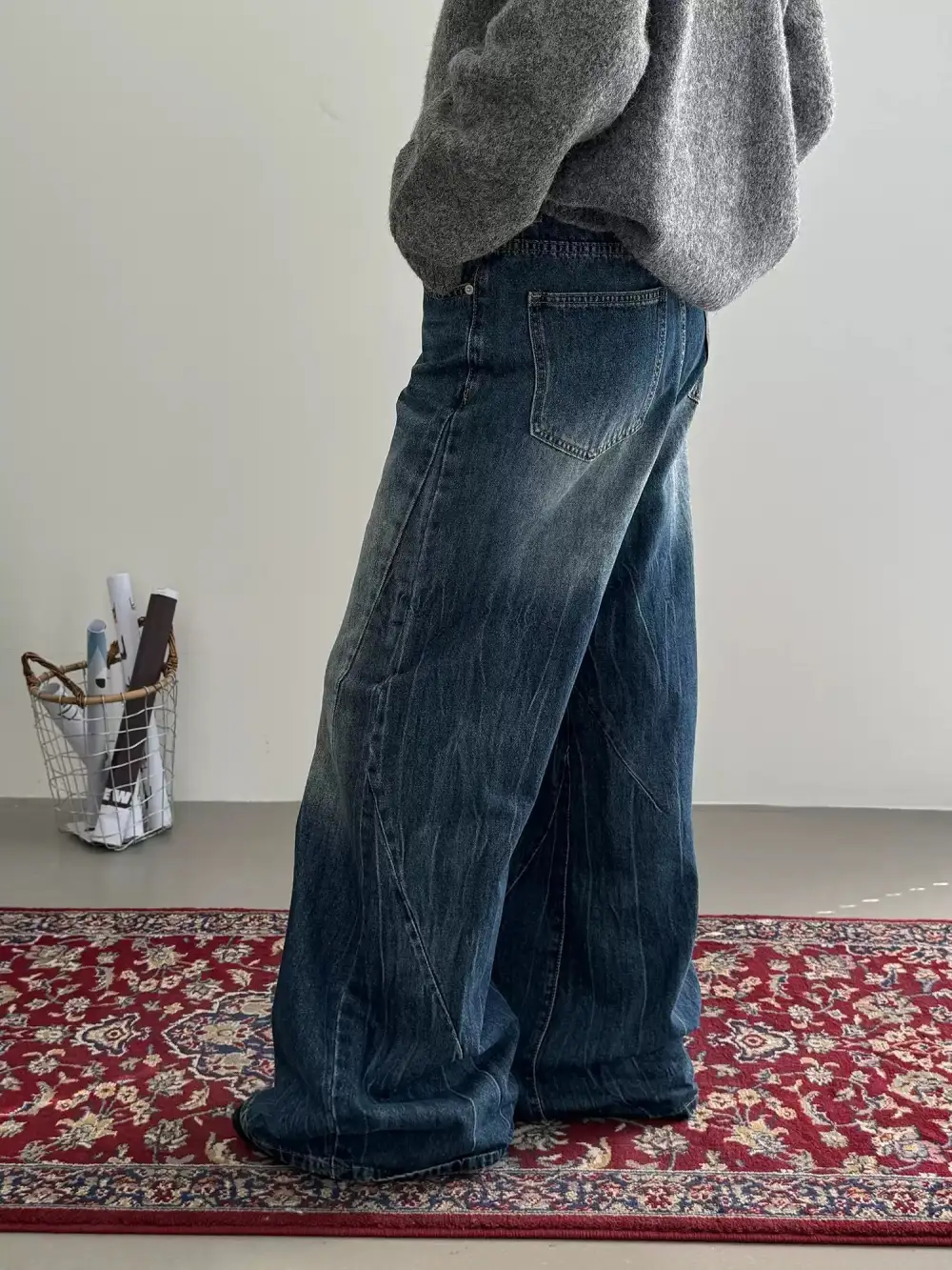 Washed Textured Wide Leg Jeans