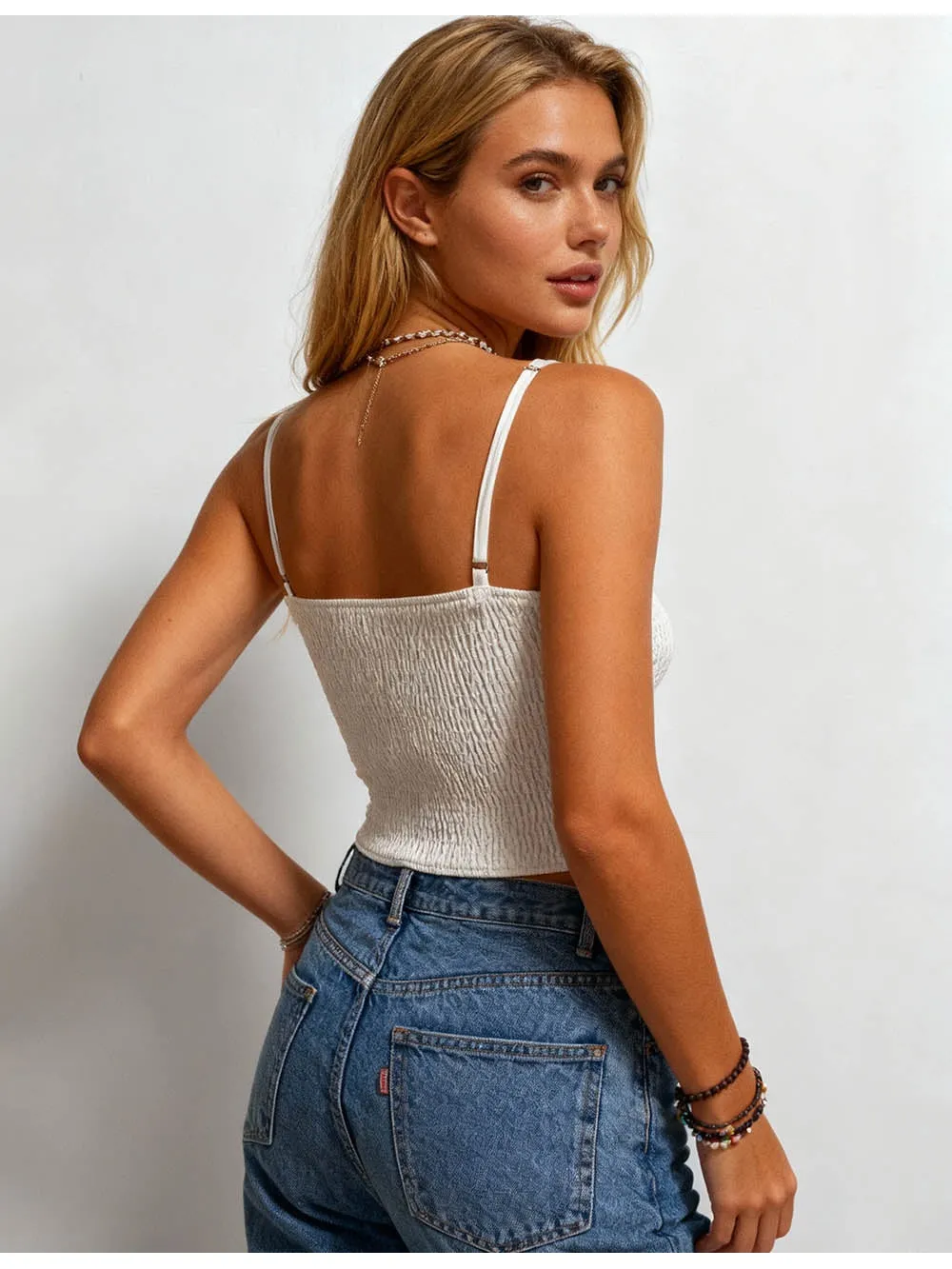 Ruffle Trim Corset Smocked Back Crop Cami Top