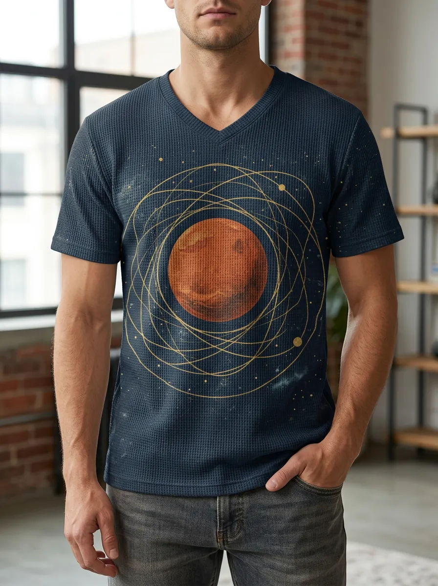 Men's Astronomy Lover Mars Planet Orbit Printed V-Neck T-Shirt
