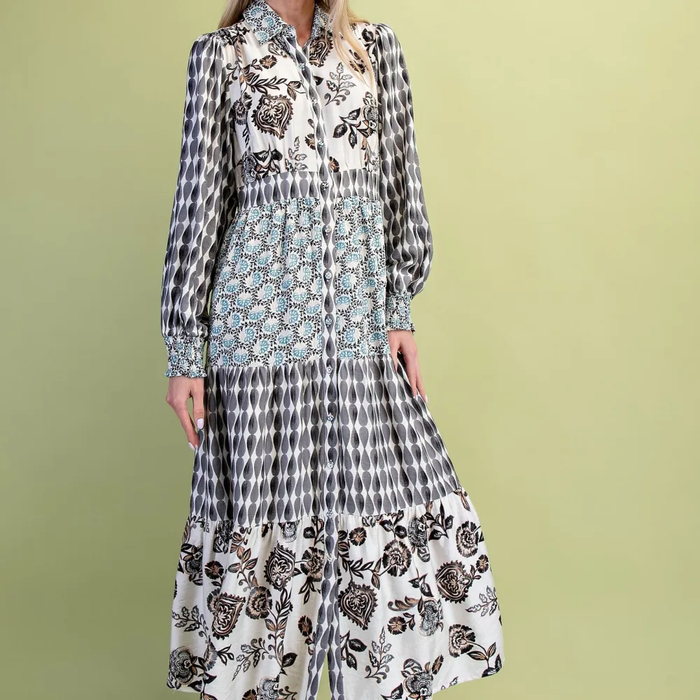 Classic Floral Smocked Tiered Long Sleeve Dress