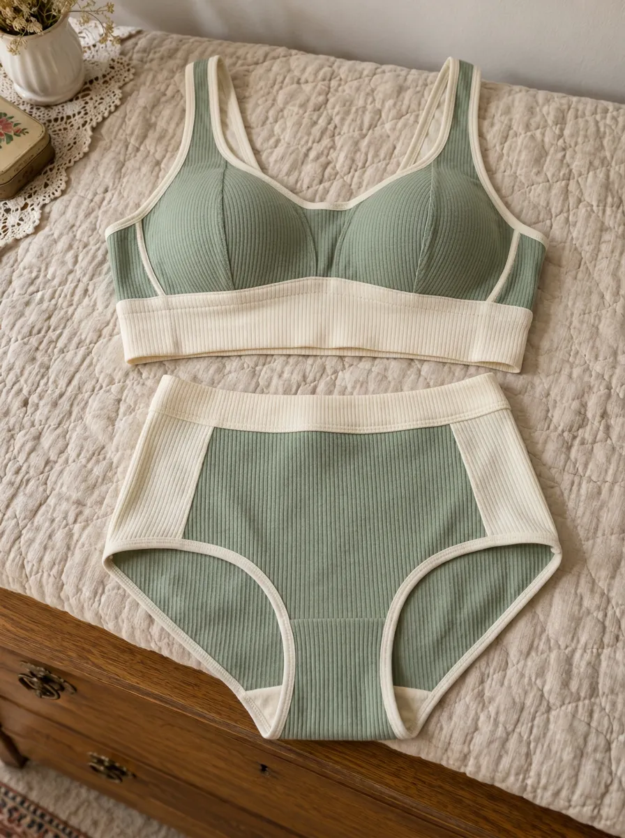 Women's Ribbed Colorblock And Ribbed High Rise Full Coverage Lingerie Set