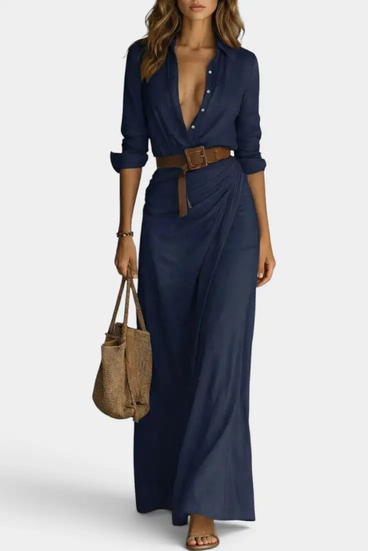 Shirt-Style V-Neck Maxi Dress