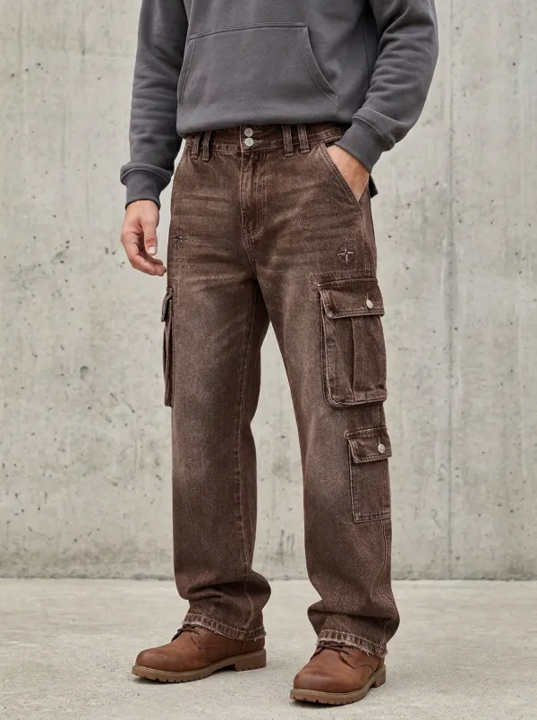 Men's Compass Graphic Washed Denim Printed Cargo Jeans