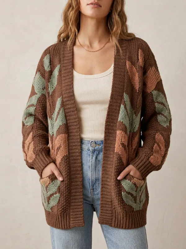 Women's Leaf Motif Chunky Knit Cardigan