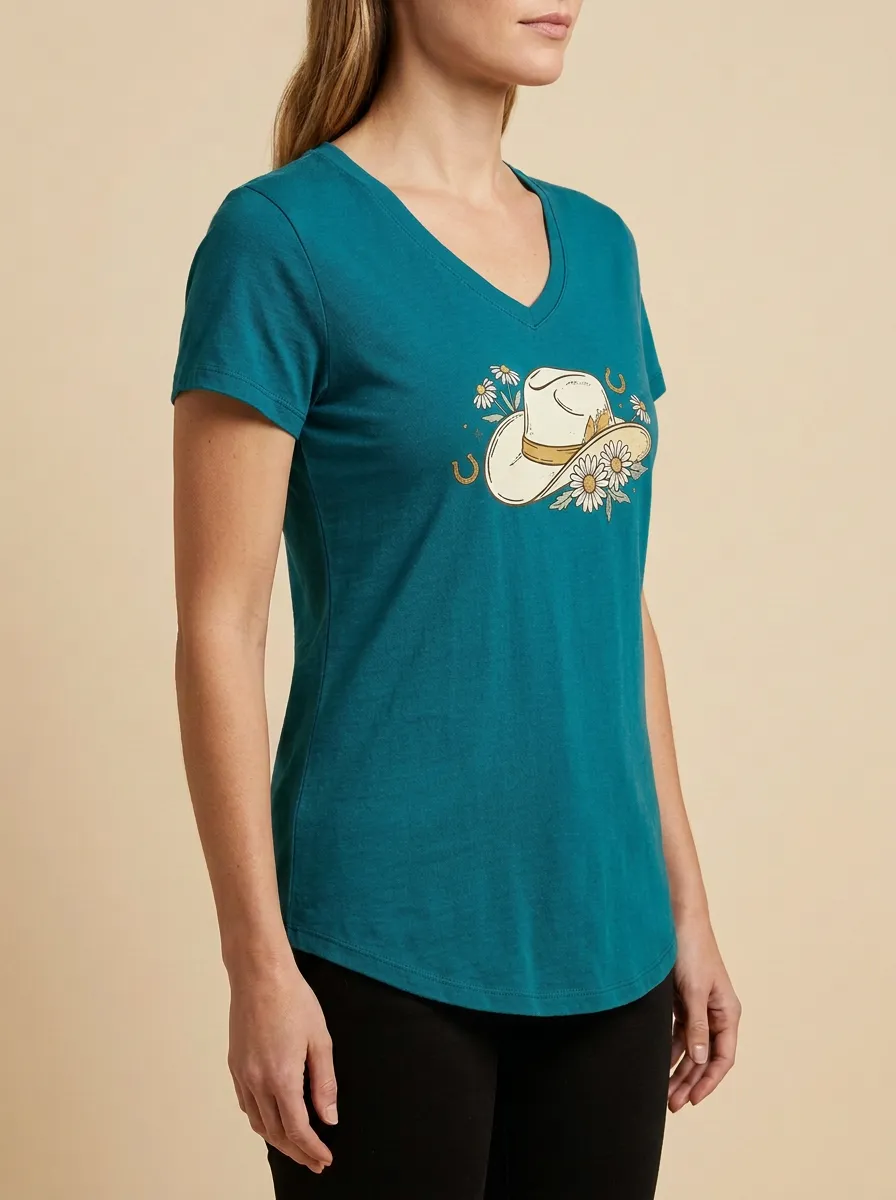 Women's Cowgirl Daisy & Horseshoe Graphic V-Neck T-Shirt