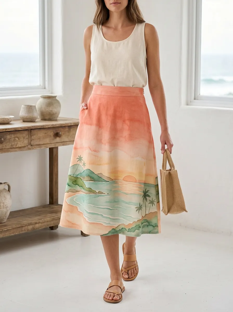 Women's Tropical Beach Sunset Watercolor Printed Skirt