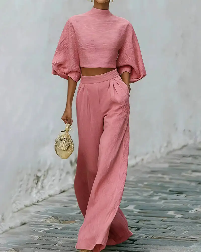 Textured Two-Piece Set Puff Sleeve Crop Top and Wide Leg Pants