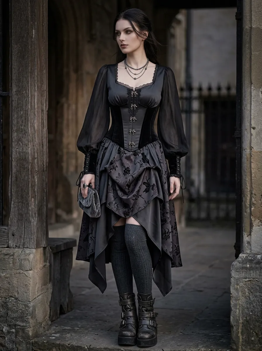Women's Gothic Victorian Floral Jacquard Printed Mini Dress