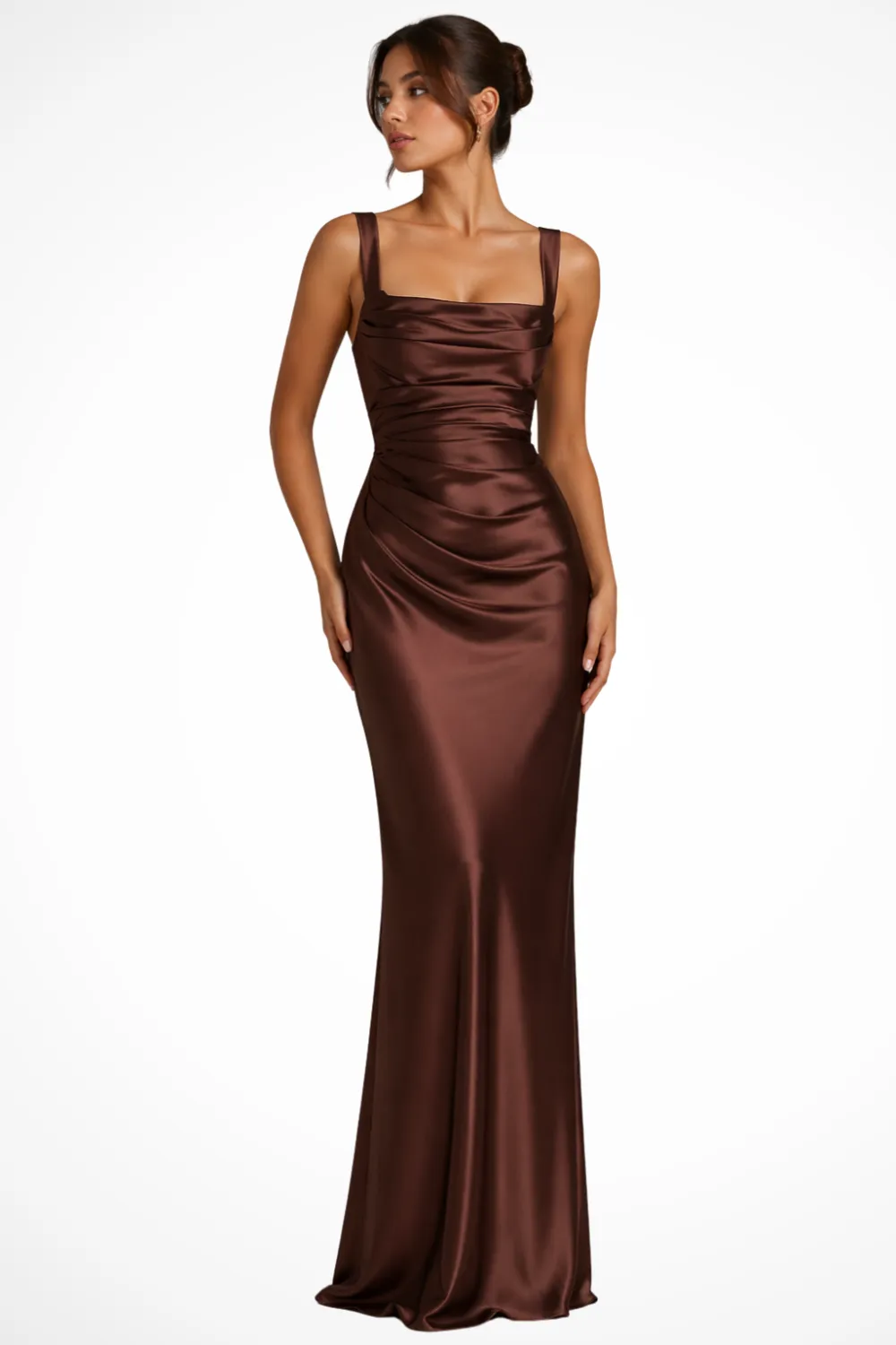  Square Neck Ruched Satin Maxi Dress