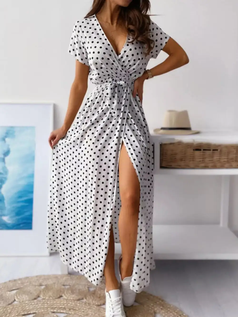 Polka Dot Surplice Maxi Dress With Slit