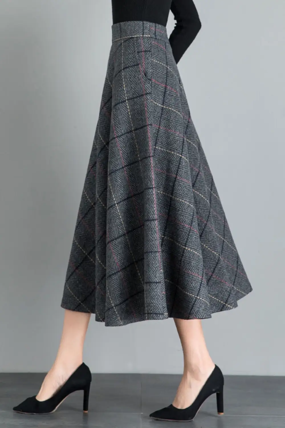 Checkered Wool Blend High Waist Midi Skirt
