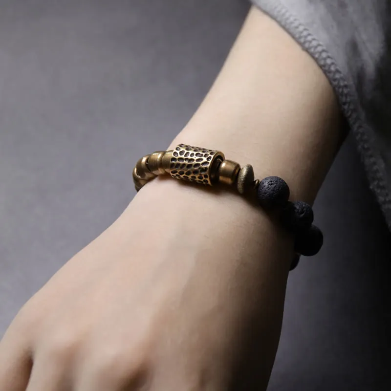 Lava Rock Stone Obsidian Brass Bracelet