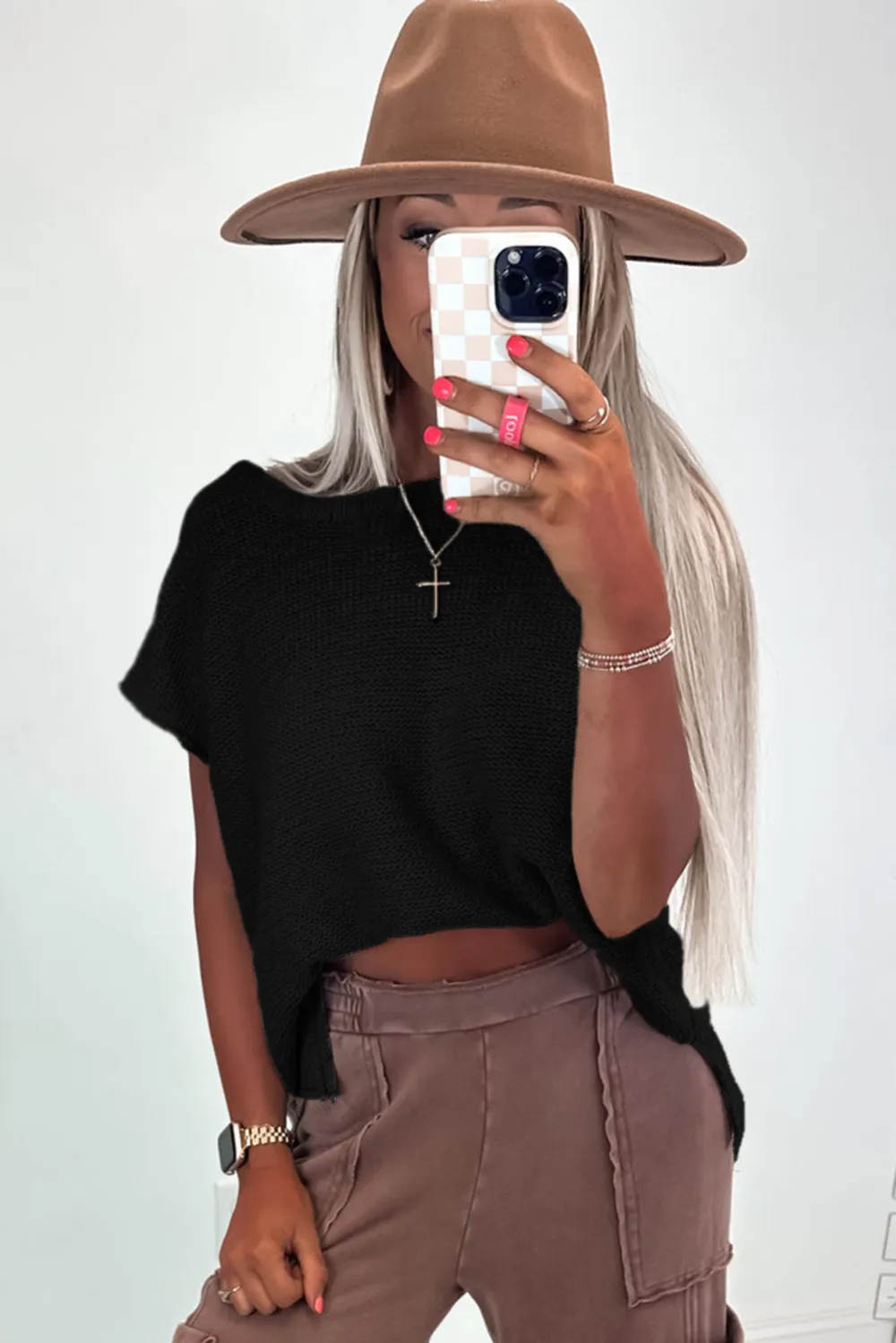 Black Sweater Side Slits Tee