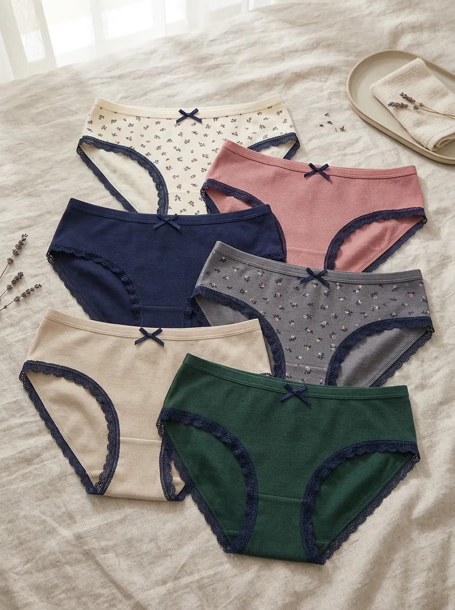 Women's Floral Pattern Lace Trim Bowknot Printed Panties Set