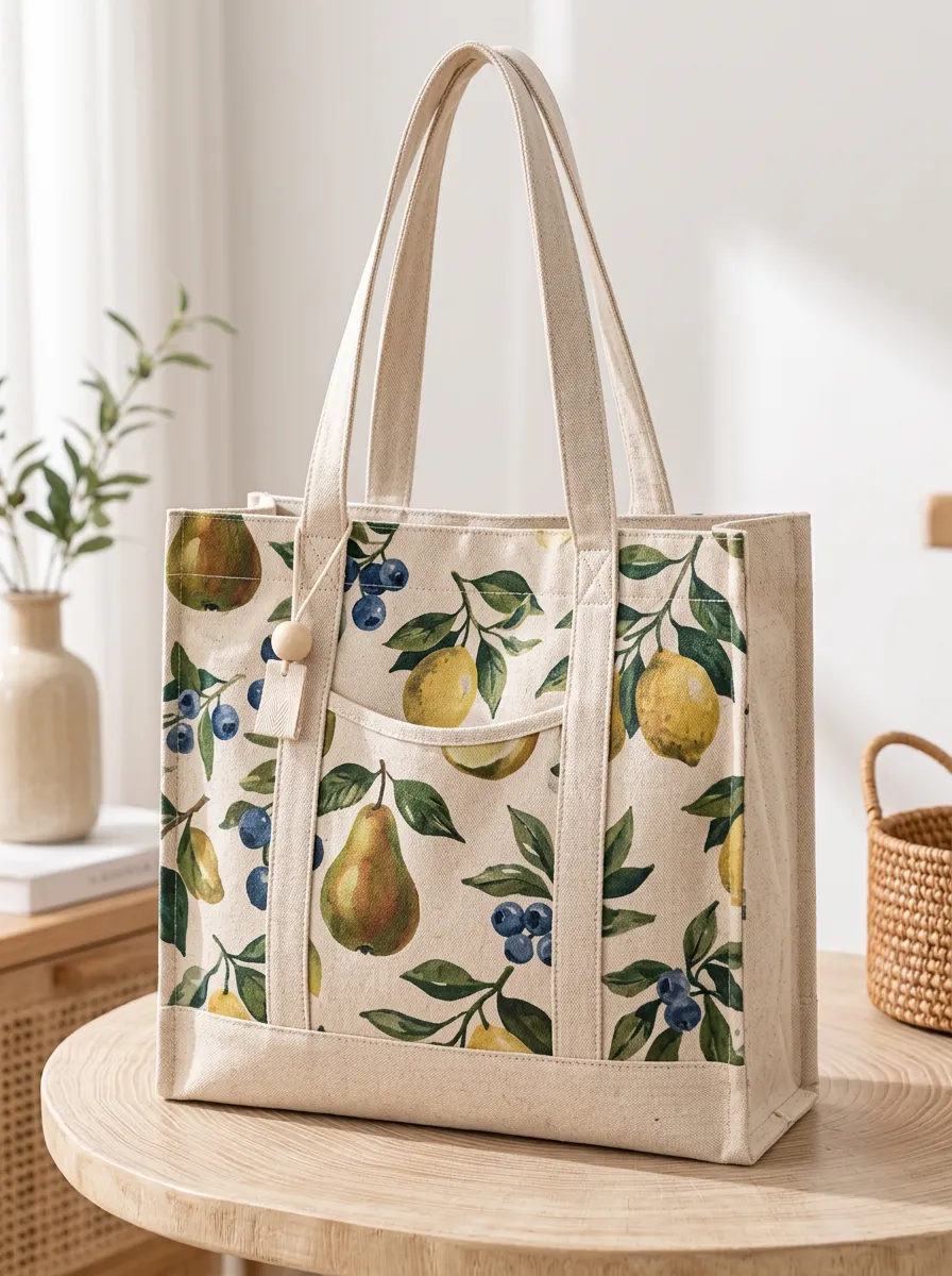 Women's Blueberry Lemon Pear Fruit Printed Canvas Shoulder Tote Bag