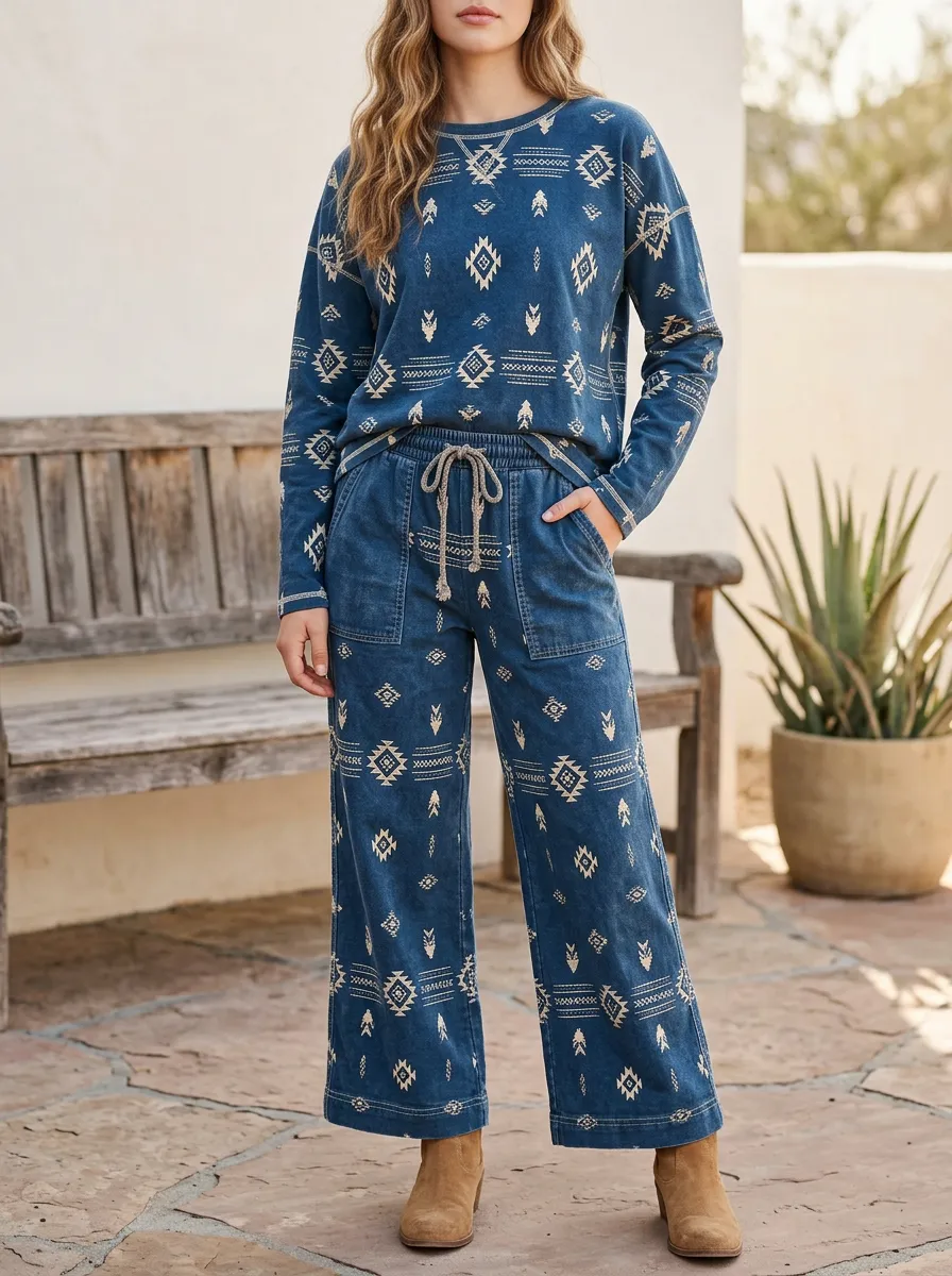 Women's Boho Western Geometric Printed Long Sleeve Top and Pants Set