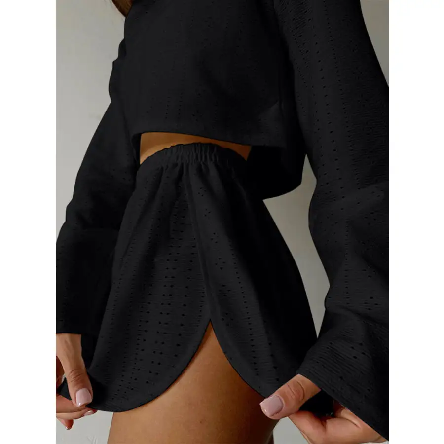 Relaxed Eyelet Round Neck Top and Shorts Set