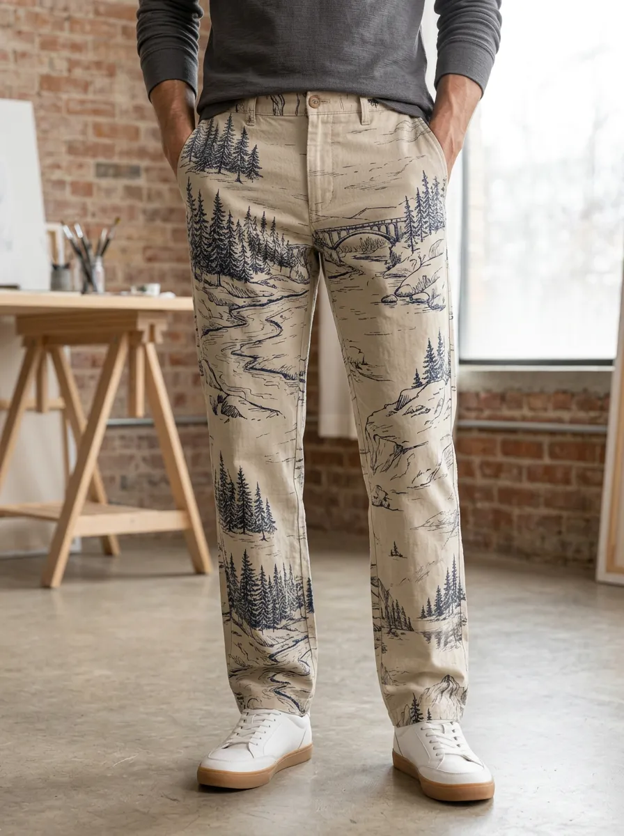 Men's Nature Lover Forest River Bridge Printed Pants