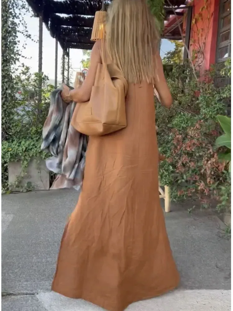 Halter Neck Sleeveless Linen Blend Maxi Dress