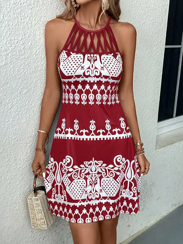 Relaxed Sleeveless Hollow Printed Split Joint Halter Neck Mini Dress