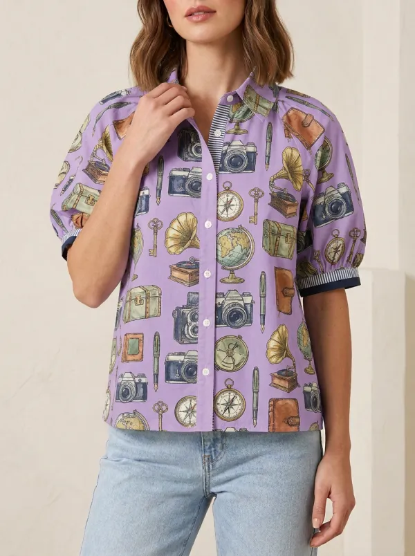 Women's Vintage Travel Lover Camera Globe Printed Shirt