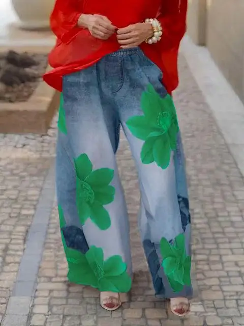 Floral Print Relaxed Fit Wide Leg Jeans