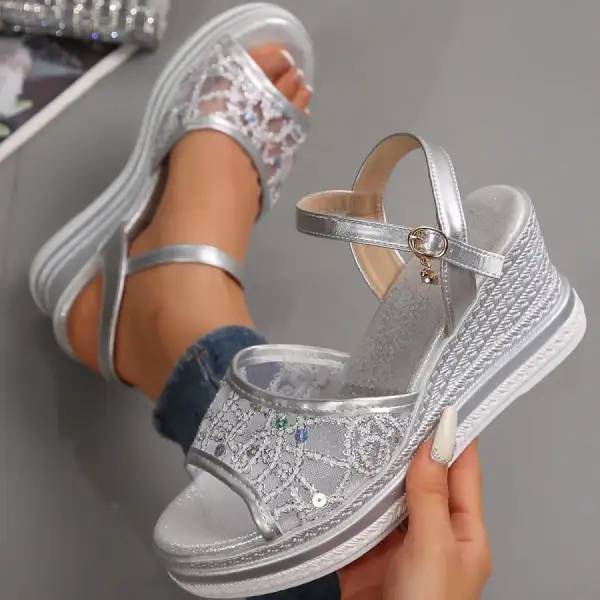 Rhinestone Embellished Platform Wedge Sandals