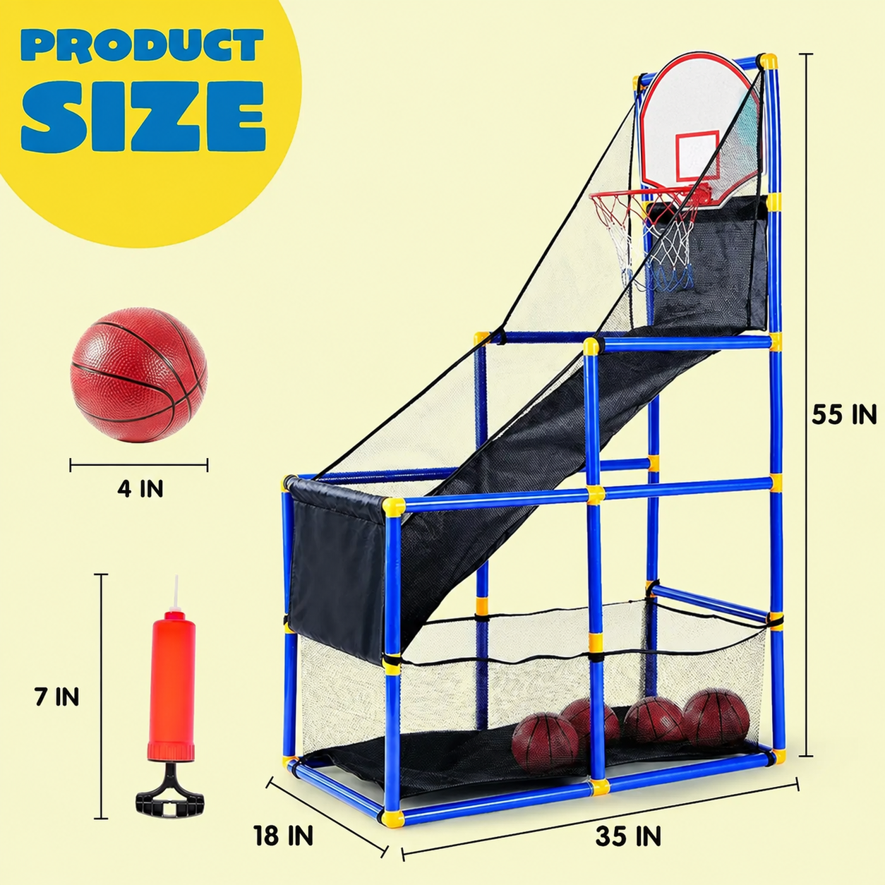 Basketball game set dimensions and included ball and pump sizes