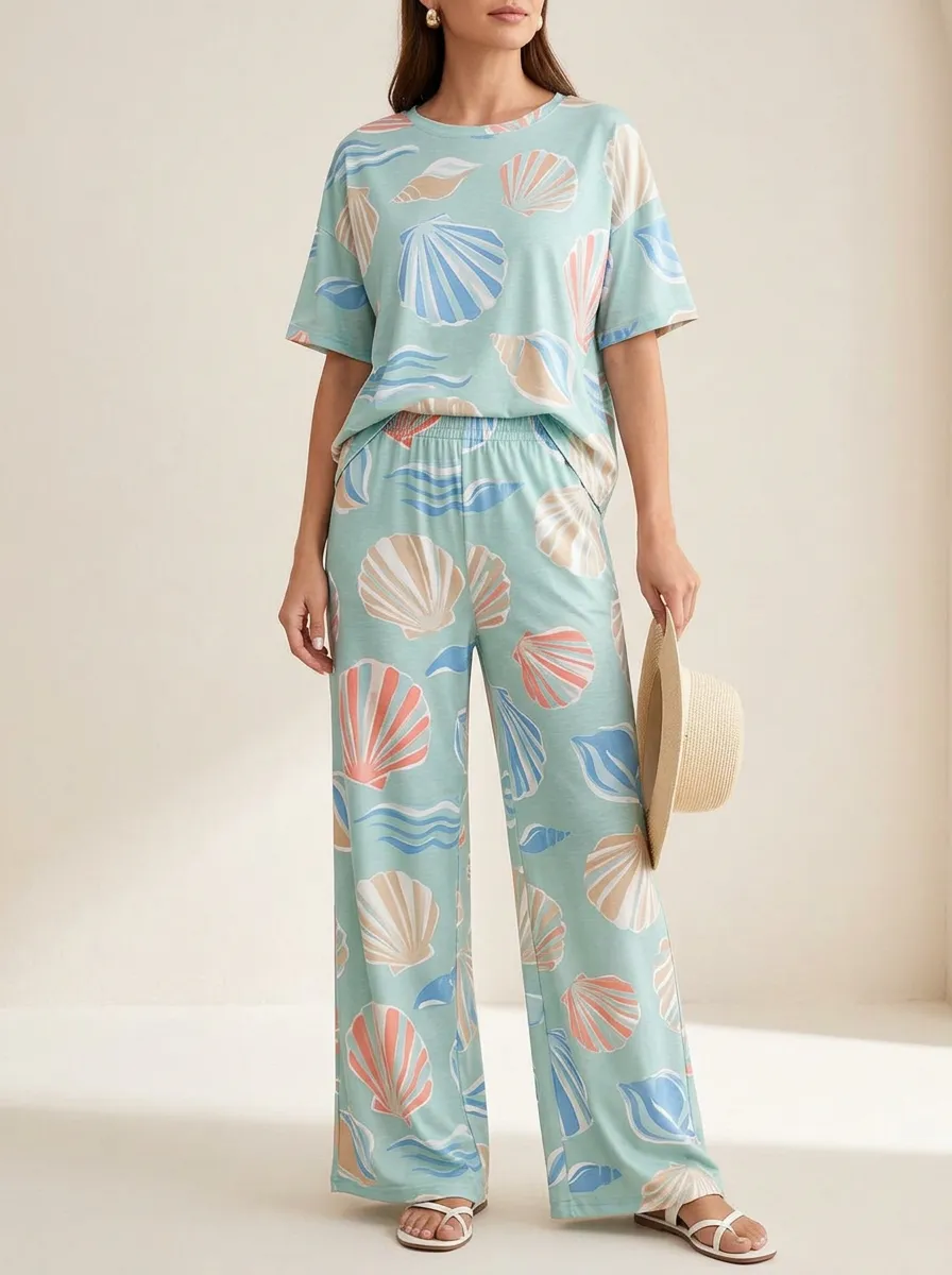 Women's Seashell Print Crew-Neck Wide-Leg Lounge Set