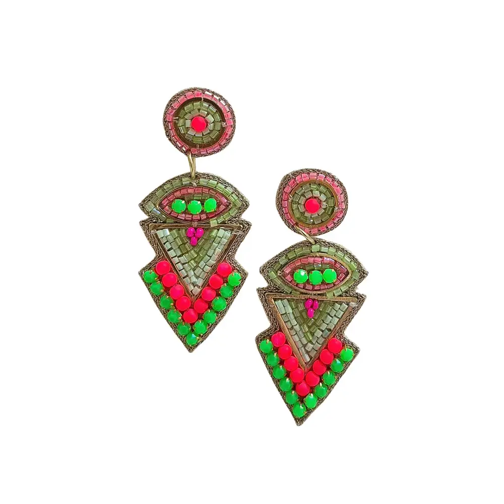 Beaded Triangle Statement Green Earrings