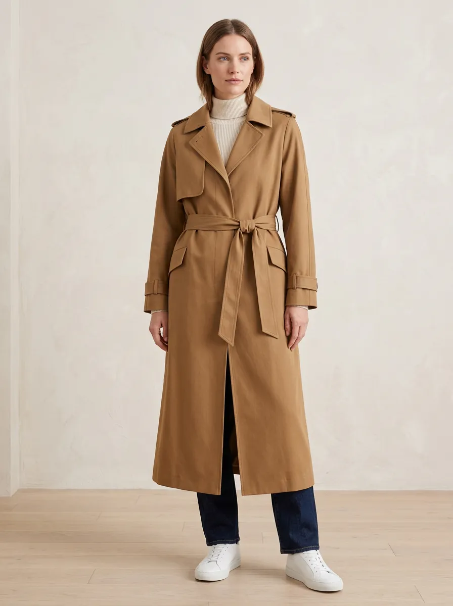 Women's Minimalist Belted Classic Long Trench Coat