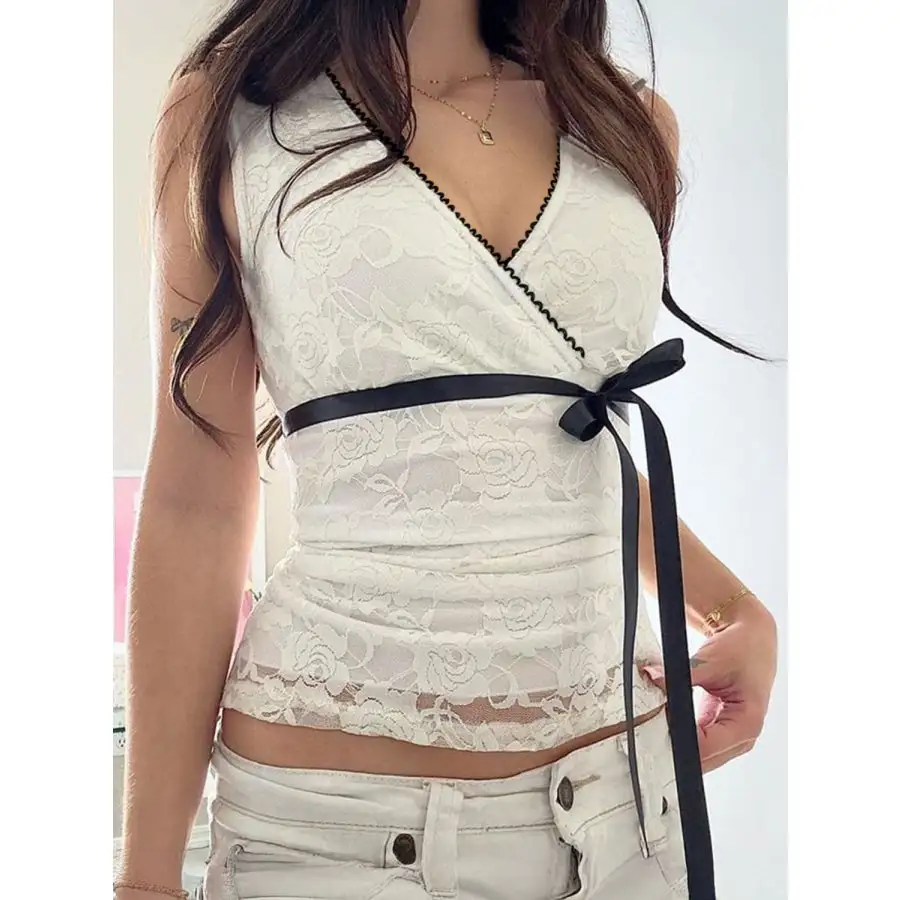Devine Ribbon Tied Lace Surplice Tank