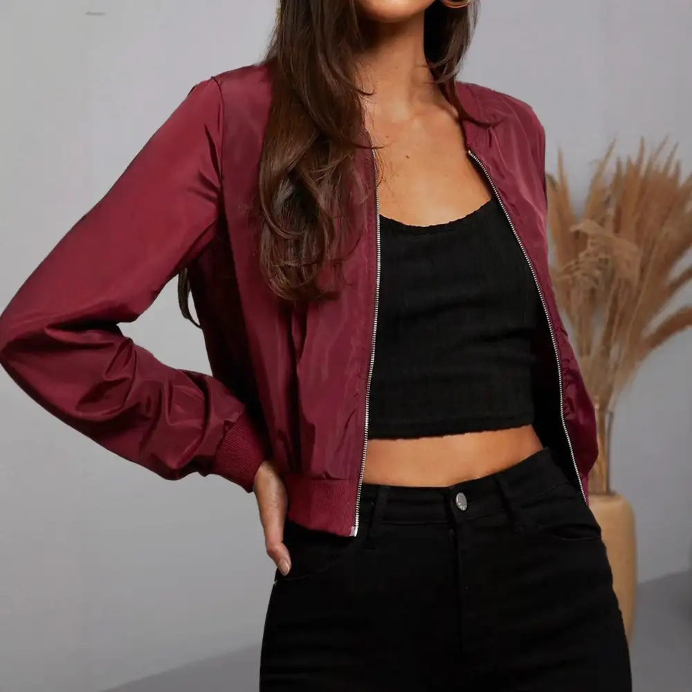 Cropped Satin Utility Pocket Elastic Hem Bomber Jacket
