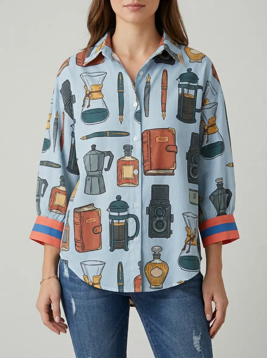 Women's Coffee Lover Vintage Stationery Printed Shirt