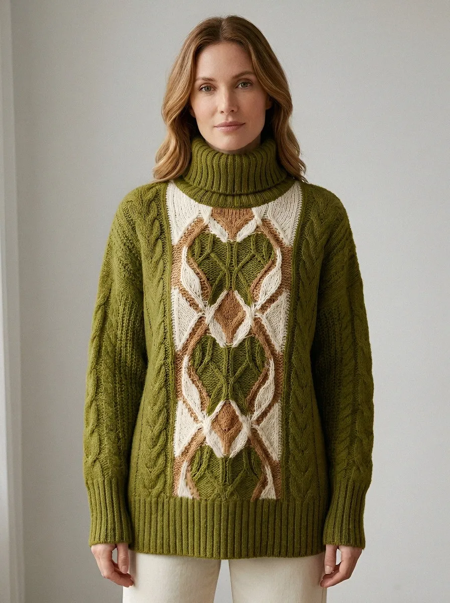 Women's Geometric Pattern Cable Knit Printed Turtleneck Sweater