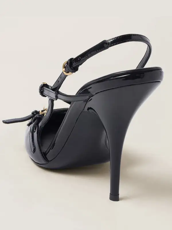 Buckle Cutout Pointed-Toe Panel Detail Slingback Heeled Sandals