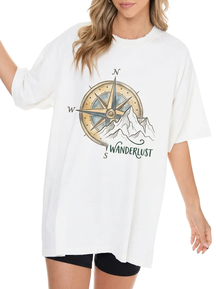 Women's Wanderlust Travel Compass Mountain Printed T-shirt