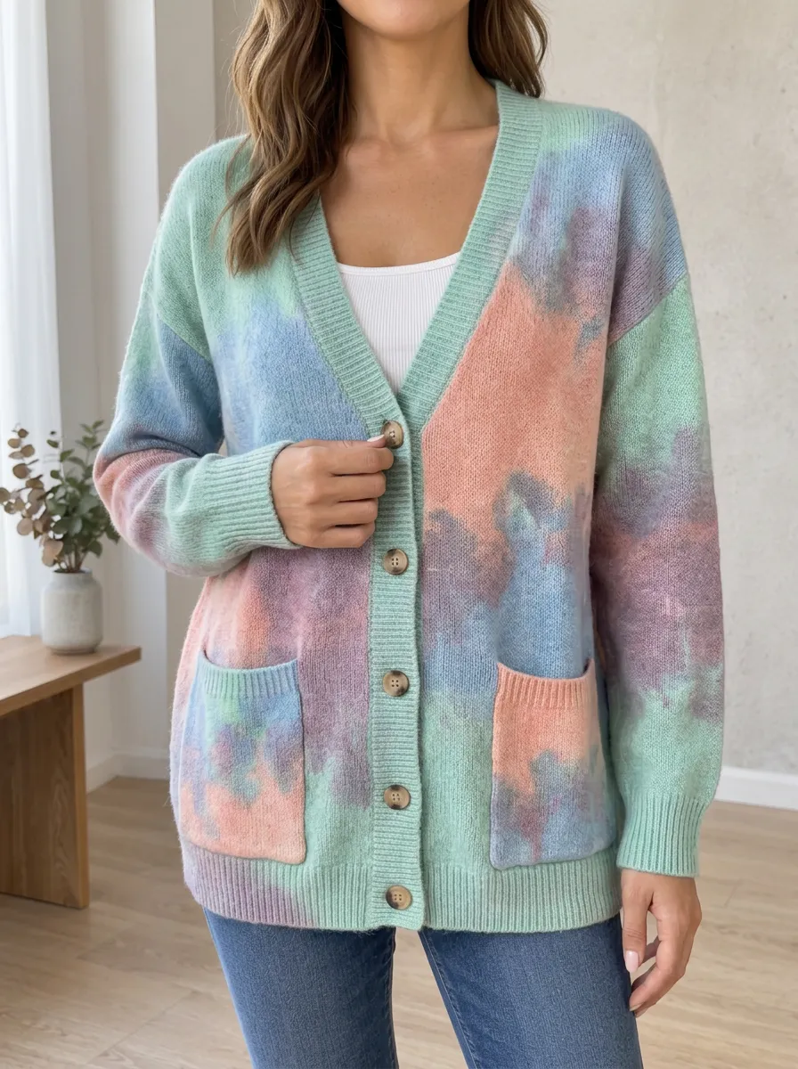 Women's Pastel Tie-Dye Pattern Printed Relaxed Fit Relaxed Weekend Cardigan